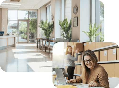 One person with a box and one person at a desk Workers compensation insurance